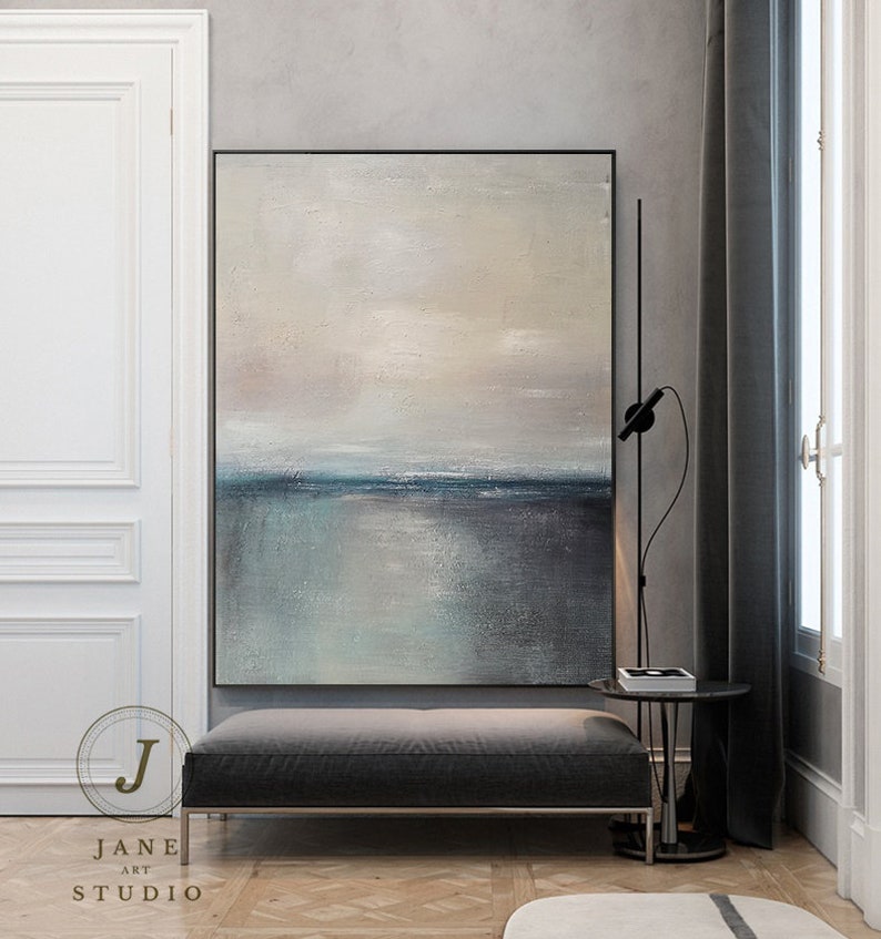 Large Sea Abstract Painting,Green Ocean Landscape Painting,Gray Sky Landscape Painting,Wall Painting,Large Wall Art,Living Room Painting image 6