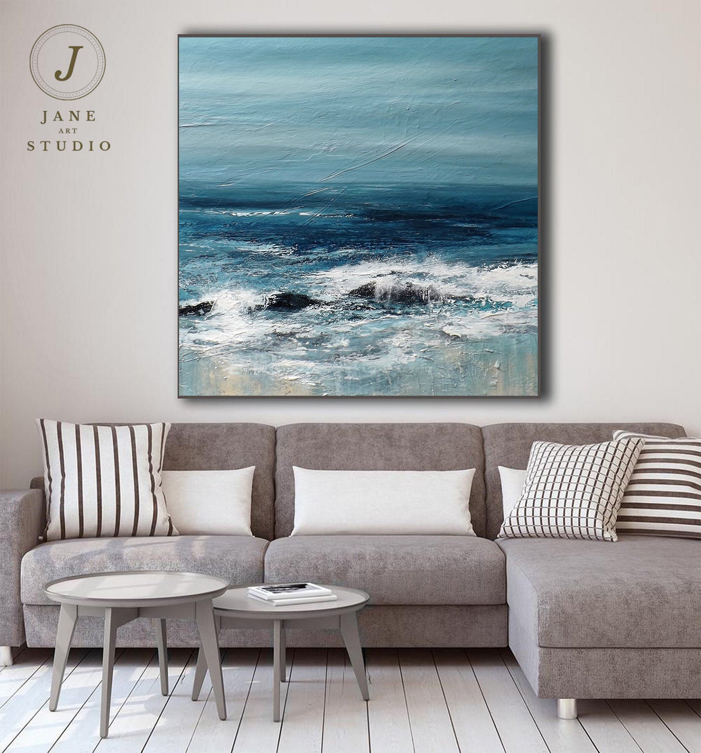Ocean White Landscape Abstract Art, Painting Wave Blue Art Painting, on Large Original Sky Etsy - Painting Wall Painting, Canvas,large Room Living