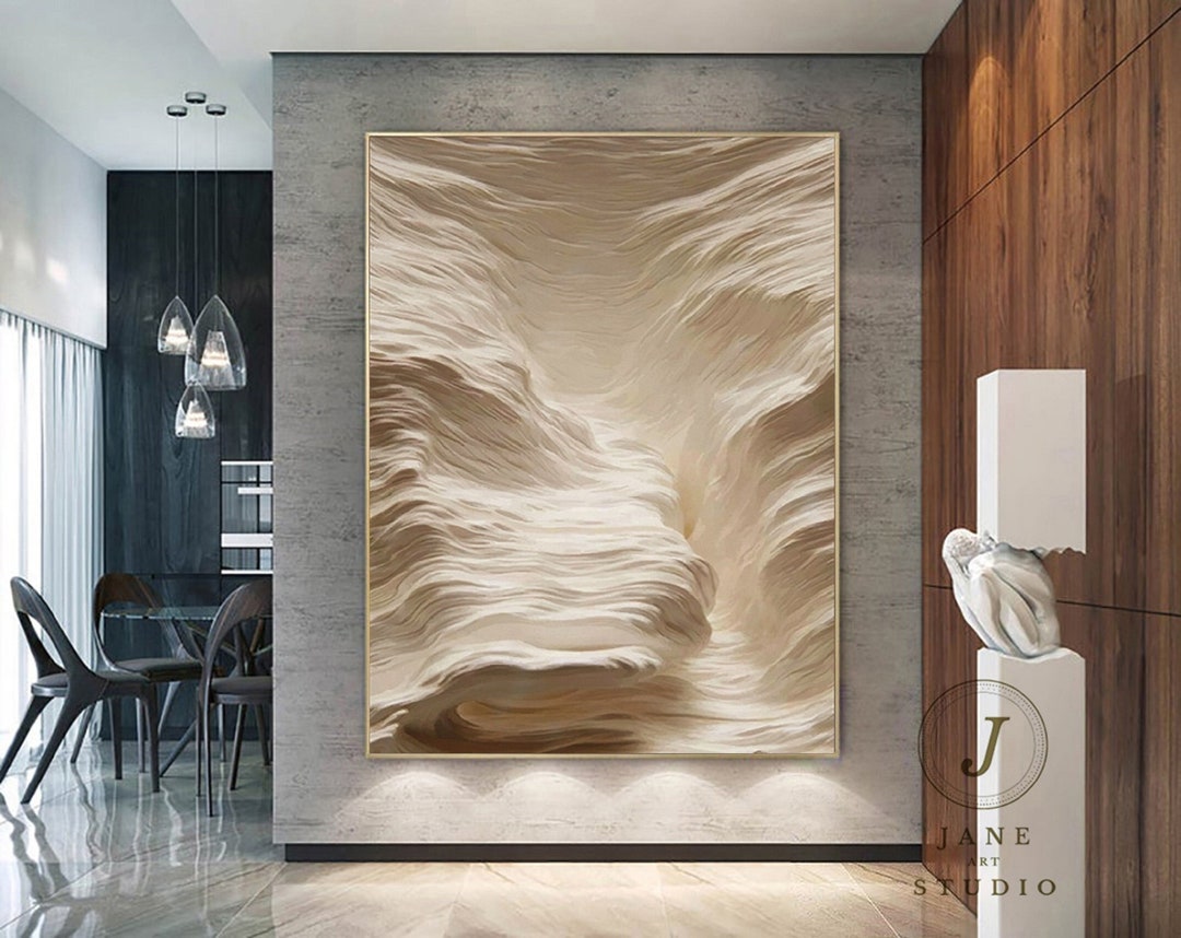 Large Minimalist Art Beige Abstract Painting on Canvas Waves Art ...