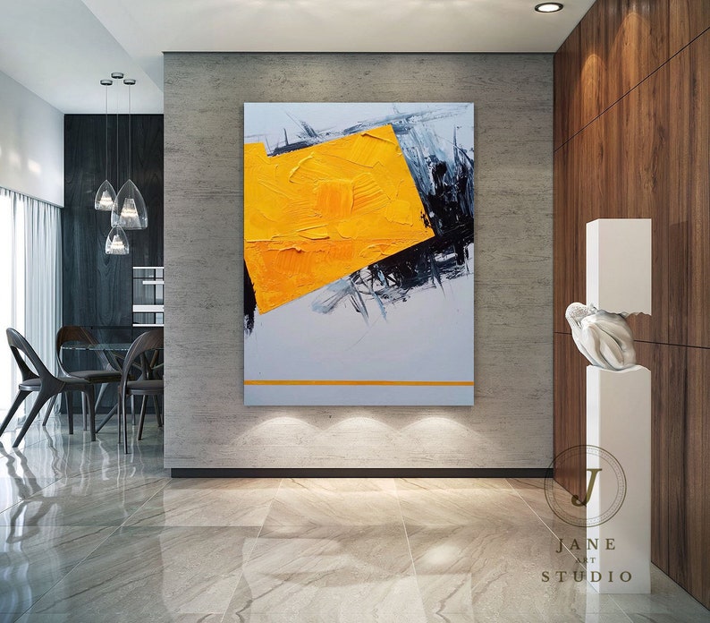 contemporary Living room art,large Original abstract painting on canvas,yellow oil painting,black gray painting,decor,large canvas art