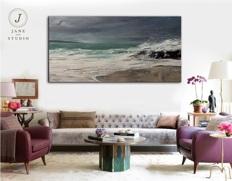 Super Texture Sea Abstract Painting, Beach Landscape Painting, Large Sea Sky Abstract Painting On Canvas, Original Beach Abstract Painting image 3