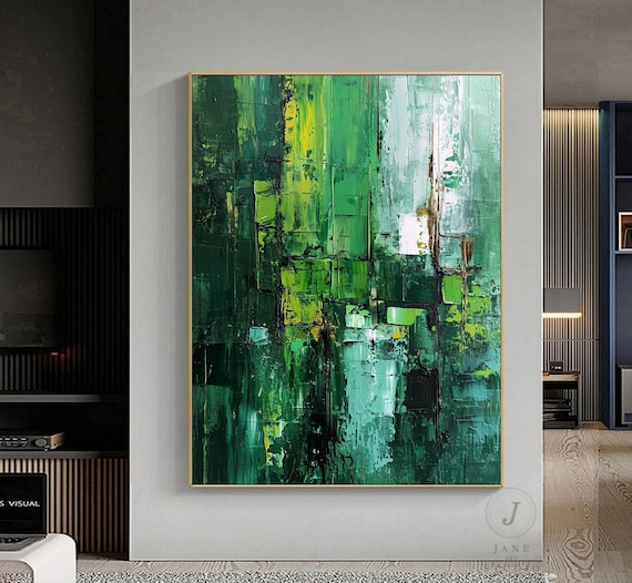 大きな緑のテクスチャ油絵 オリジナルマラカイトグリーンのミニマ