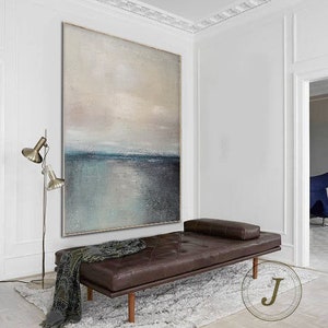 Large Sea Abstract Painting,Green Ocean Landscape Painting,Gray Sky Landscape Painting,Wall Painting,Large Wall Art,Living Room Painting image 5