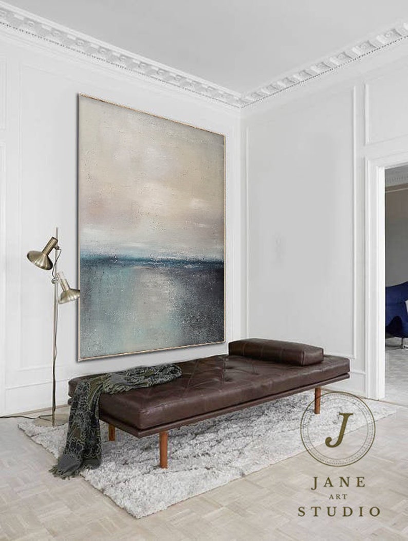 Large Sea Abstract Painting,Green Ocean Landscape Painting,Gray Sky Landscape Painting,Wall Painting,Large Wall Art,Living Room Painting image 5