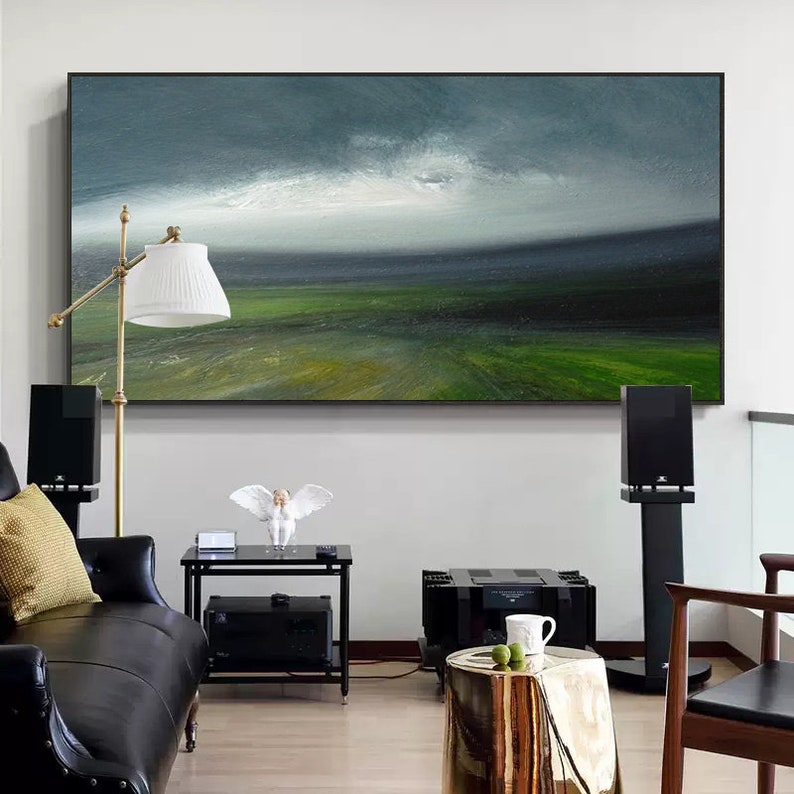 Large Original Sky Oil Painting, Green Landscape Abstract Painting, Sky Abstract Art,Wall Art Oil Painting, Large Gray Canvas Oil Painting image 6