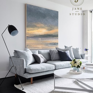 Sunrise Landscape Painting, Large Abstract Art Painting On Canvas, Gray Sky Abstract Painting,Large Beige Abstract Painting, Living Room Art image 6