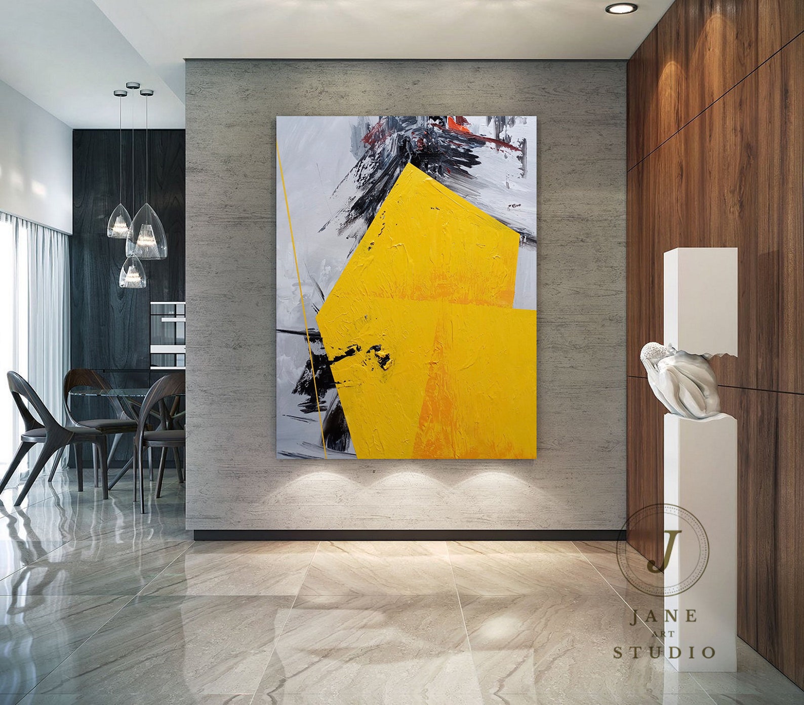 Large Yellow Abstract Painting on Canvasblack Paintinglarge Etsy