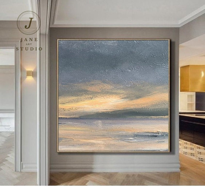 Sunrise Landscape Painting, Large Abstract Art Painting On Canvas, Gray Sky Abstract Painting,Large Beige Abstract Painting, Living Room Art image 1