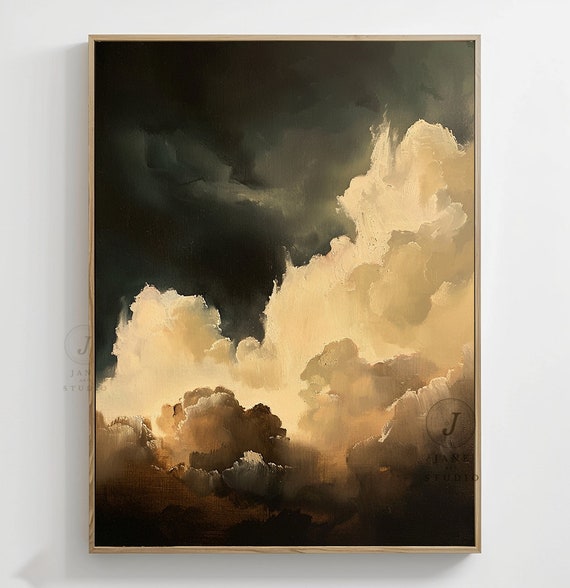 大きな雲の絵画：灰色の空の抽象画、ベージュの雲のアート - Etsy 日本