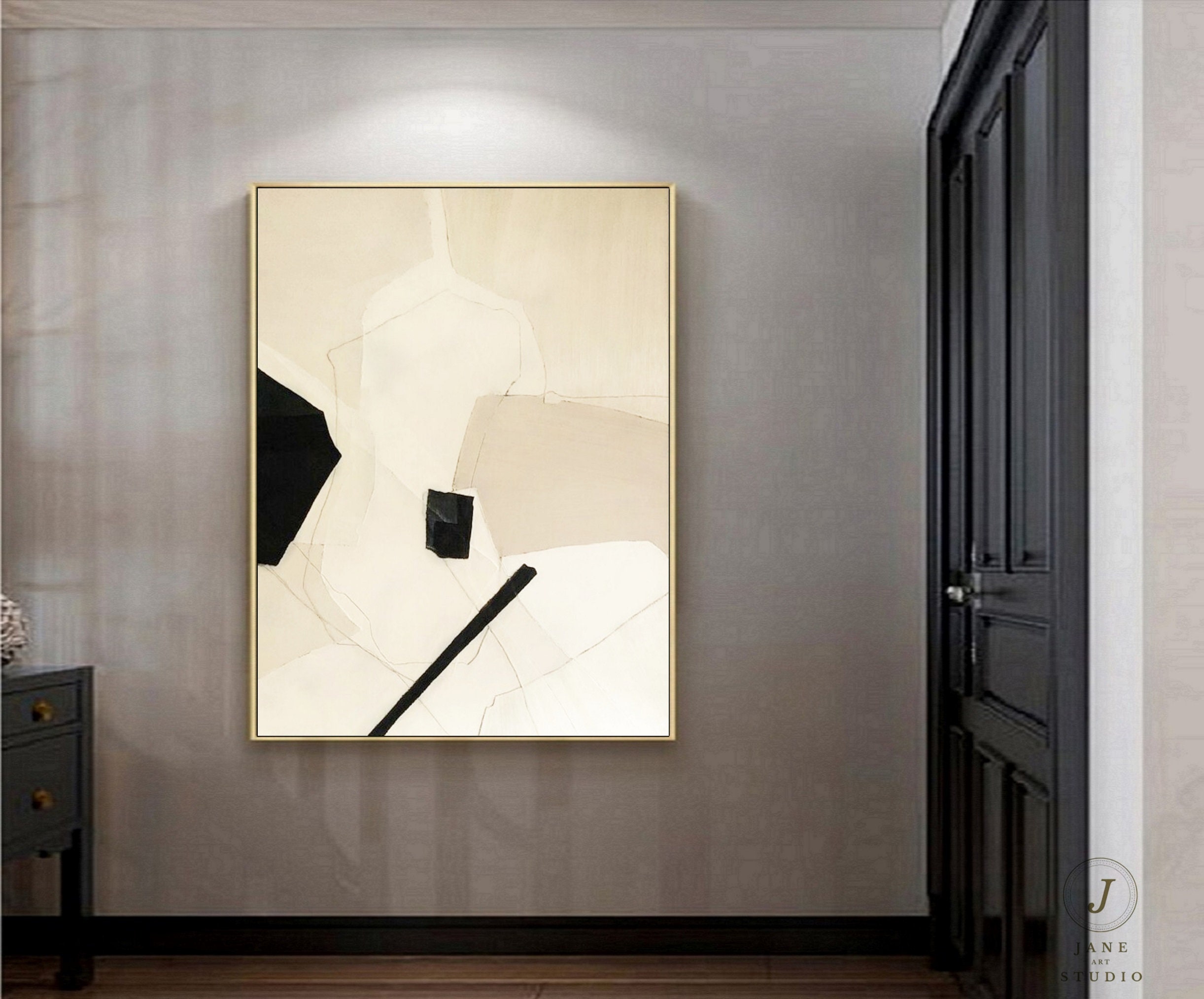 Beige Wabi Sabi Wall Art Black Beige Abstract Oil Painting Black ...