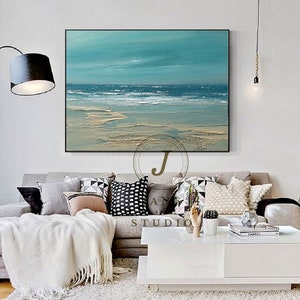 Large Blue Sky And Sea Landscape Abstract Painting, Beach Texture Painting, Ocean Art Canvas Painting, Wave Oil Painting, Living Room Art image 3