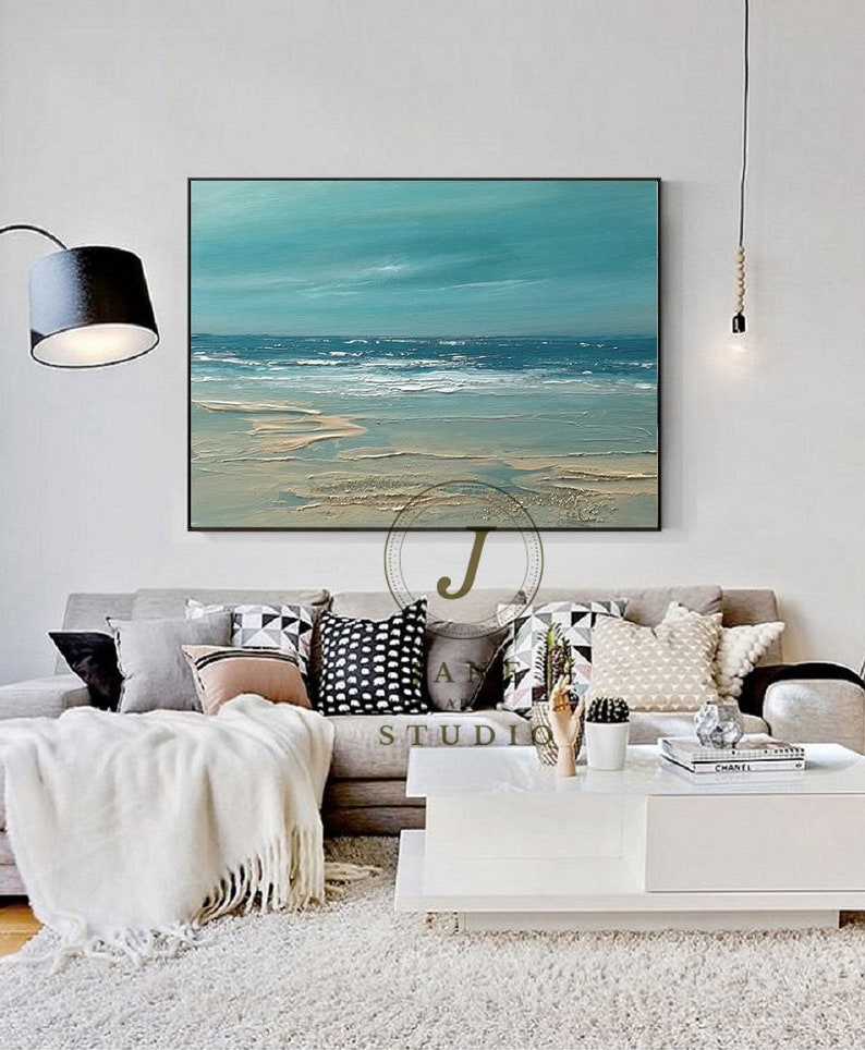 Large Blue Sky And Sea Landscape Abstract Painting, Beach Texture Painting, Ocean Art Canvas Painting, Wave Oil Painting, Living Room Art image 3