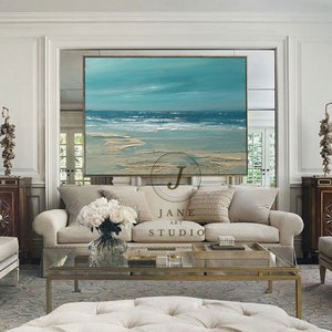 Large Blue Sky And Sea Landscape Abstract Painting, Beach Texture Painting, Ocean Art Canvas Painting, Wave Oil Painting, Living Room Art image 4