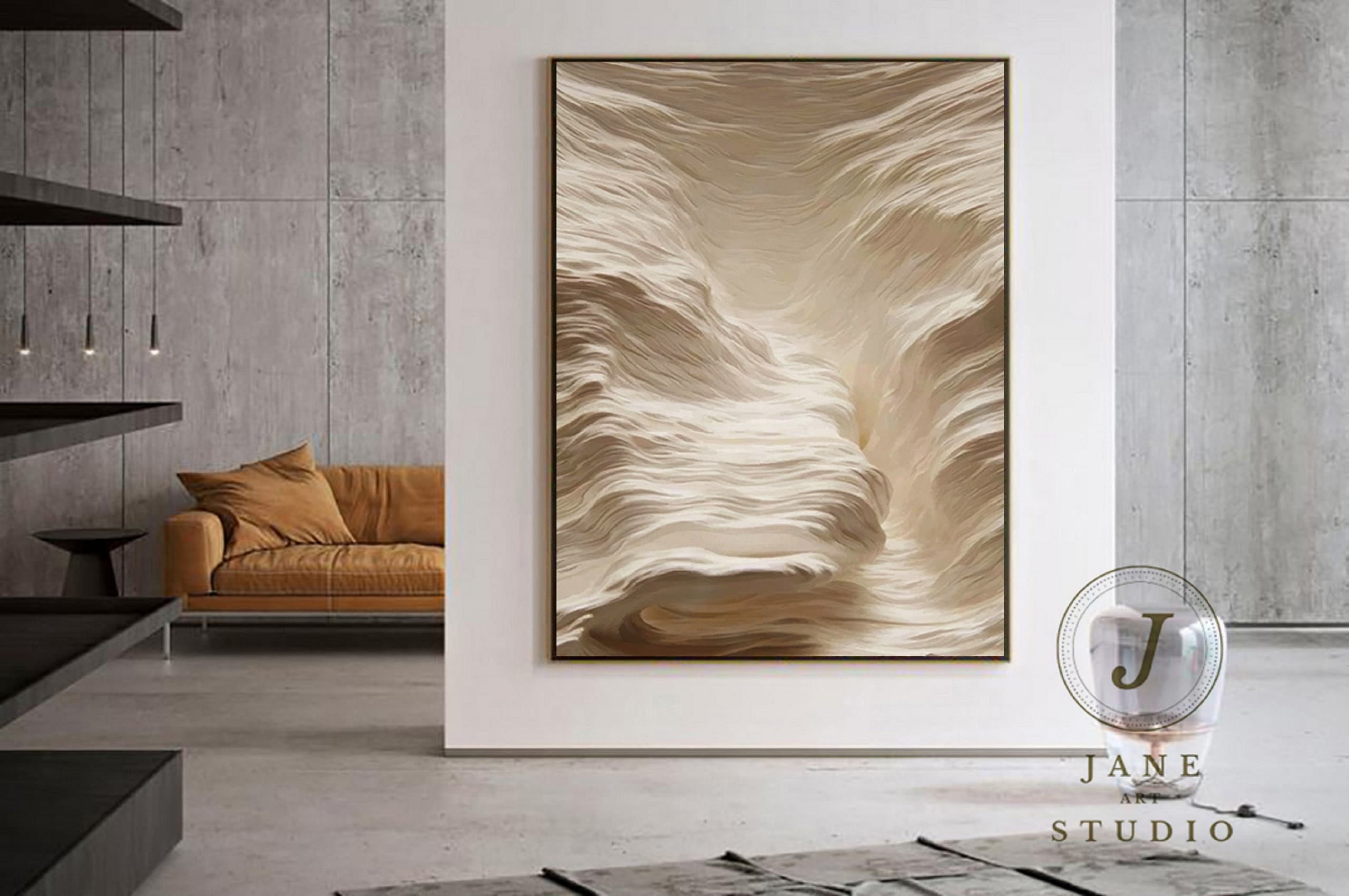 Large Minimalist Art Beige Abstract Painting on Canvas Waves Art ...