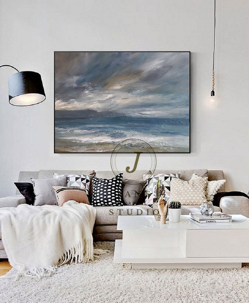 Large Sea Level Landscape Abstract Painting On Canvas,Waves Canvas Oil Painting,Original Ocean Abstract Painting,Seascape Abstract Painting image 6