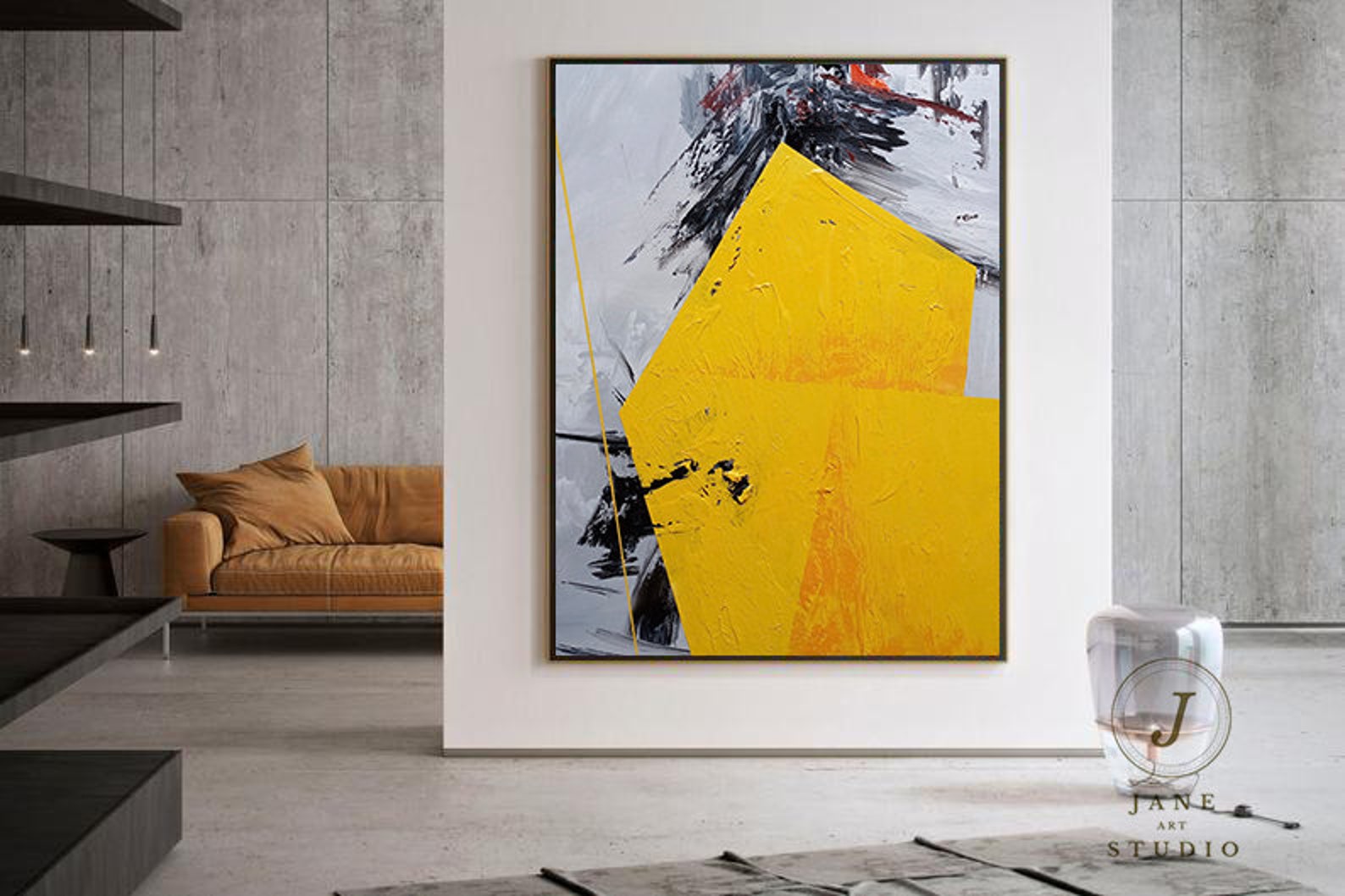 Large Yellow Abstract Painting on Canvasblack Paintinglarge Etsy