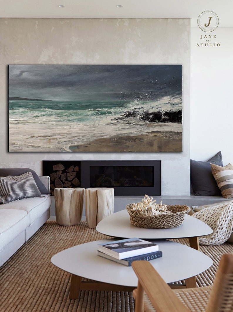 Super Texture Sea Abstract Painting, Beach Landscape Painting, Large Sea Sky Abstract Painting On Canvas, Original Beach Abstract Painting image 4