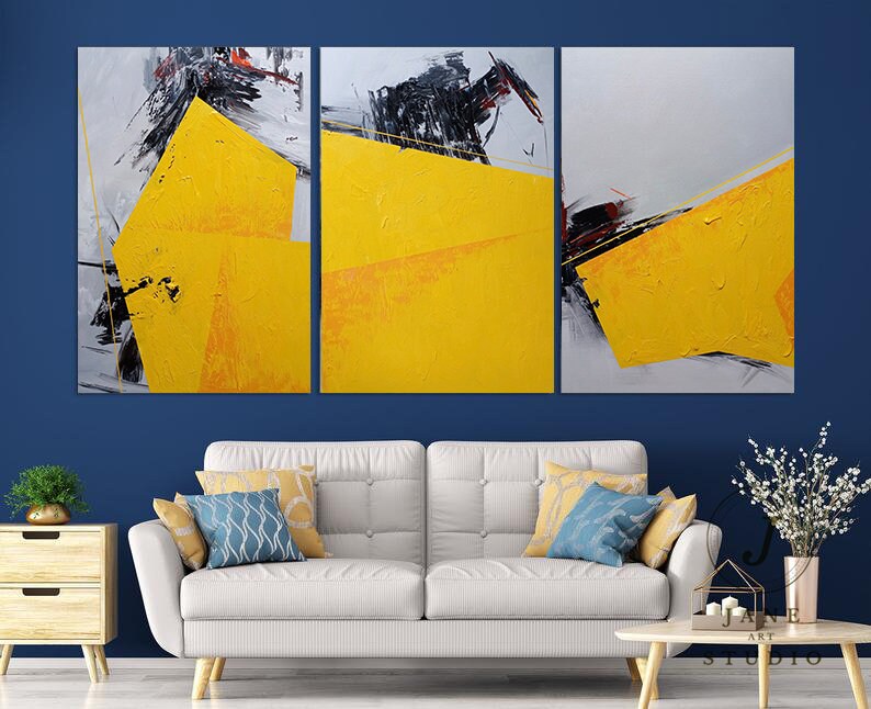 Light Yellow Painting Living Room Art Minimalist Triptych Etsy