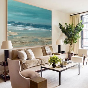 Large Blue Sky And Sea Landscape Abstract Painting, Beach Texture Painting, Ocean Art Canvas Painting, Wave Oil Painting, Living Room Art image 5