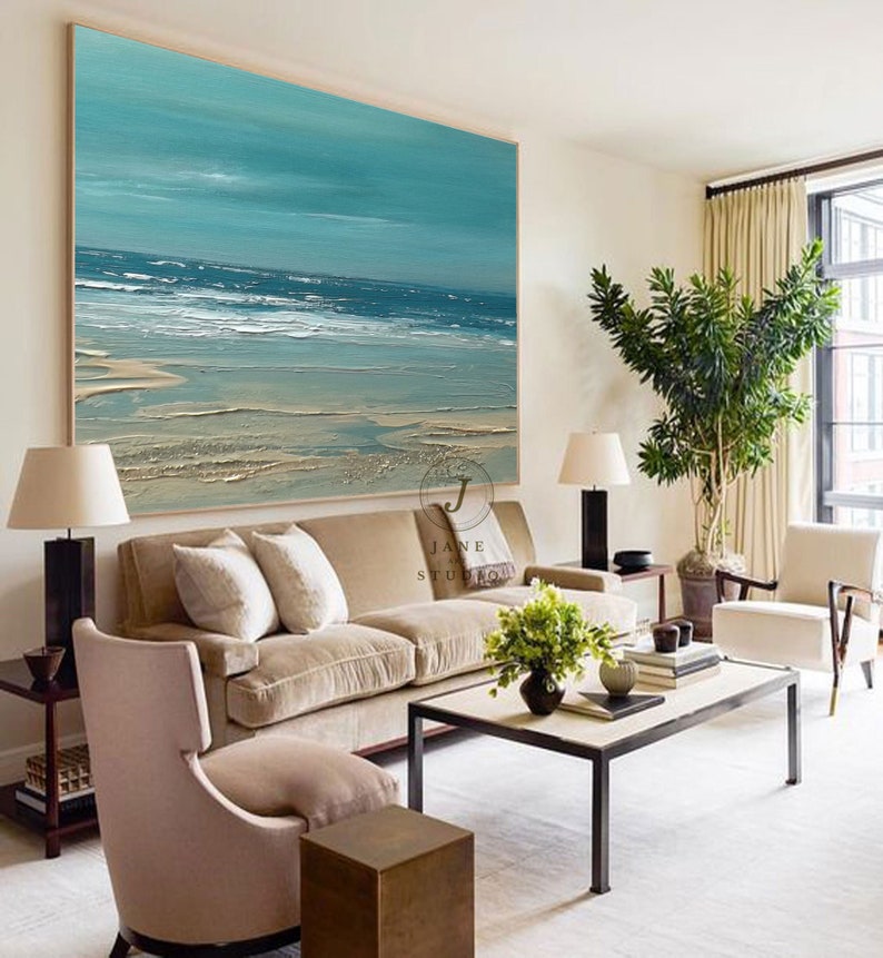 Large Blue Sky And Sea Landscape Abstract Painting, Beach Texture Painting, Ocean Art Canvas Painting, Wave Oil Painting, Living Room Art image 5