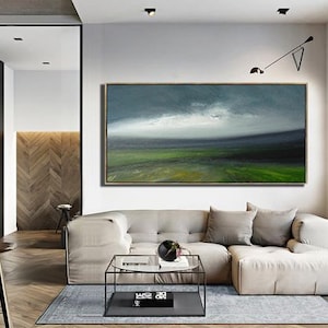 Large Original Sky Oil Painting, Green Landscape Abstract Painting, Sky Abstract Art,Wall Art Oil Painting, Large Gray Canvas Oil Painting image 7