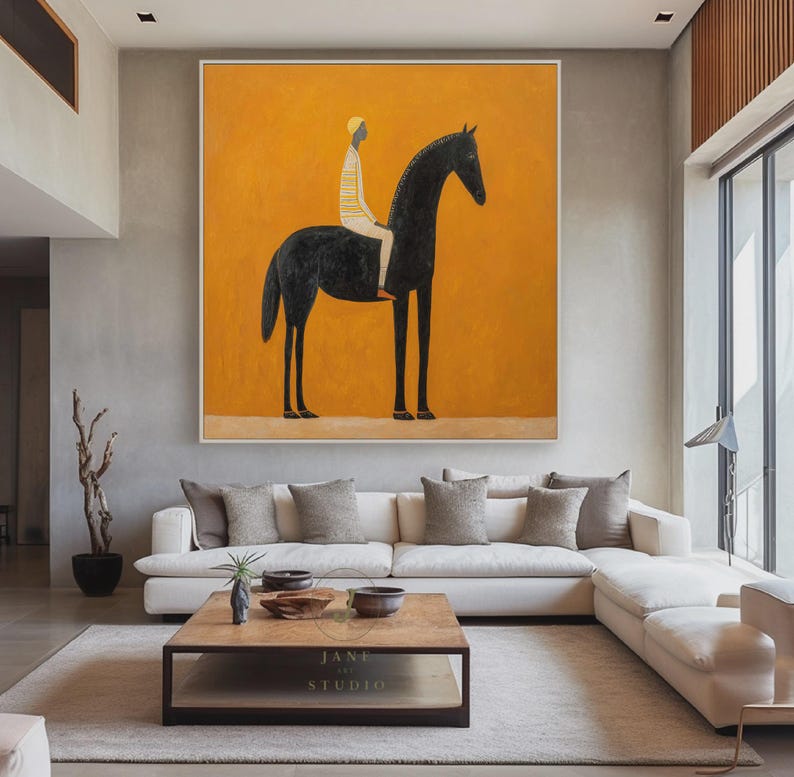vibrant-yellow-abstract-horse-figure-painting-vintage-equestrian-wall