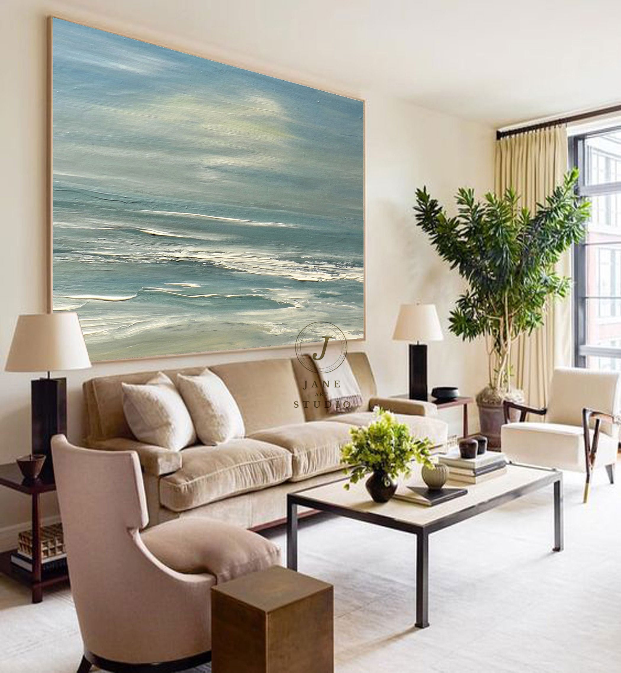 Original Sea Abstract Oil Painting,White Waves Texture Painting,Large Sky And Sea Painting,Large Ocean Canvas Painting,Living Room Art