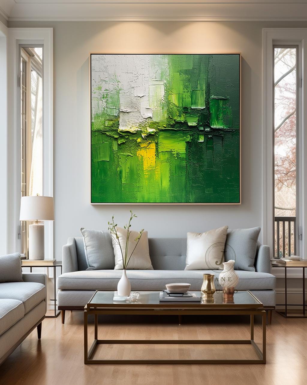 Green Abstract Painting On Canvas: Textured Minimalist Wabi-Sabi Wall Art