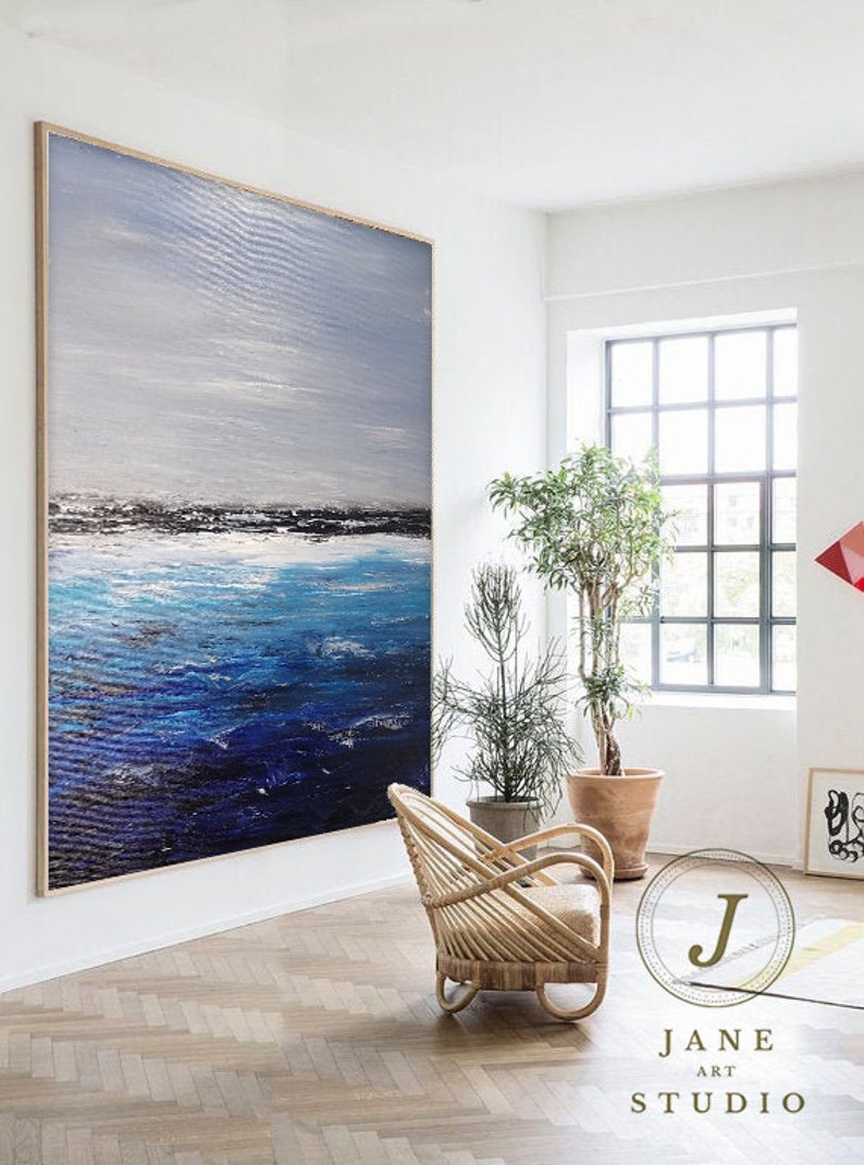 Deep Blue Ocean Landscape Painting,Sky Landscape Painting,Original Sea Abstract Oil Painting On Canvas,Large Sofa Wall Sea Art Oil Painting image 5
