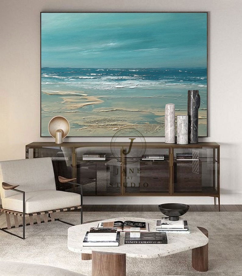 Large Blue Sky And Sea Landscape Abstract Painting, Beach Texture Painting, Ocean Art Canvas Painting, Wave Oil Painting, Living Room Art image 1