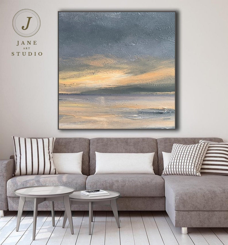 Sunrise Landscape Painting, Large Abstract Art Painting On Canvas, Gray Sky Abstract Painting,Large Beige Abstract Painting, Living Room Art image 4