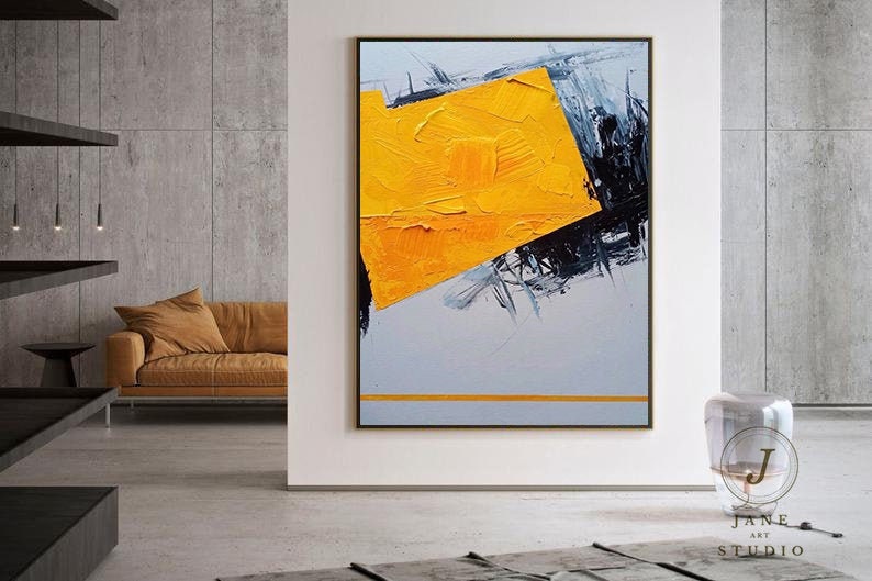 contemporary Living room art,large Original abstract painting on canvas,yellow oil painting,black gray painting,decor,large canvas art