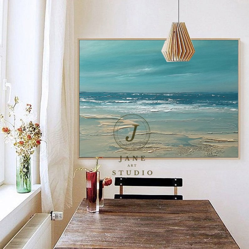 Large Blue Sky And Sea Landscape Abstract Painting, Beach Texture Painting, Ocean Art Canvas Painting, Wave Oil Painting, Living Room Art image 2