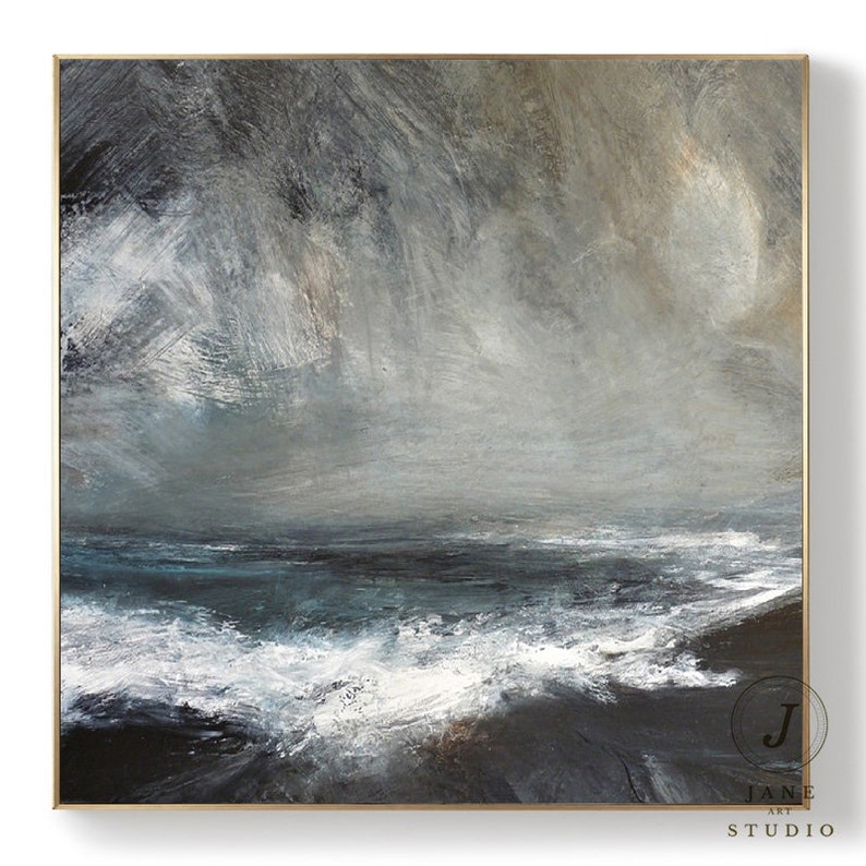 Original Blue Ocean Canvas Oil Painting, Gray Abstract Painting, White ...
