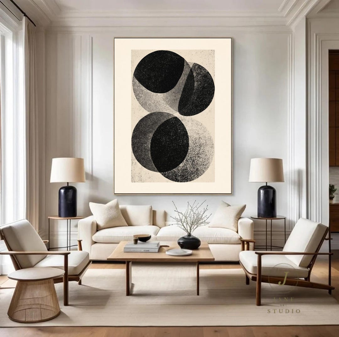 Textured Geometric Canvas Art Black and Beige Abstract Oil Painting ...