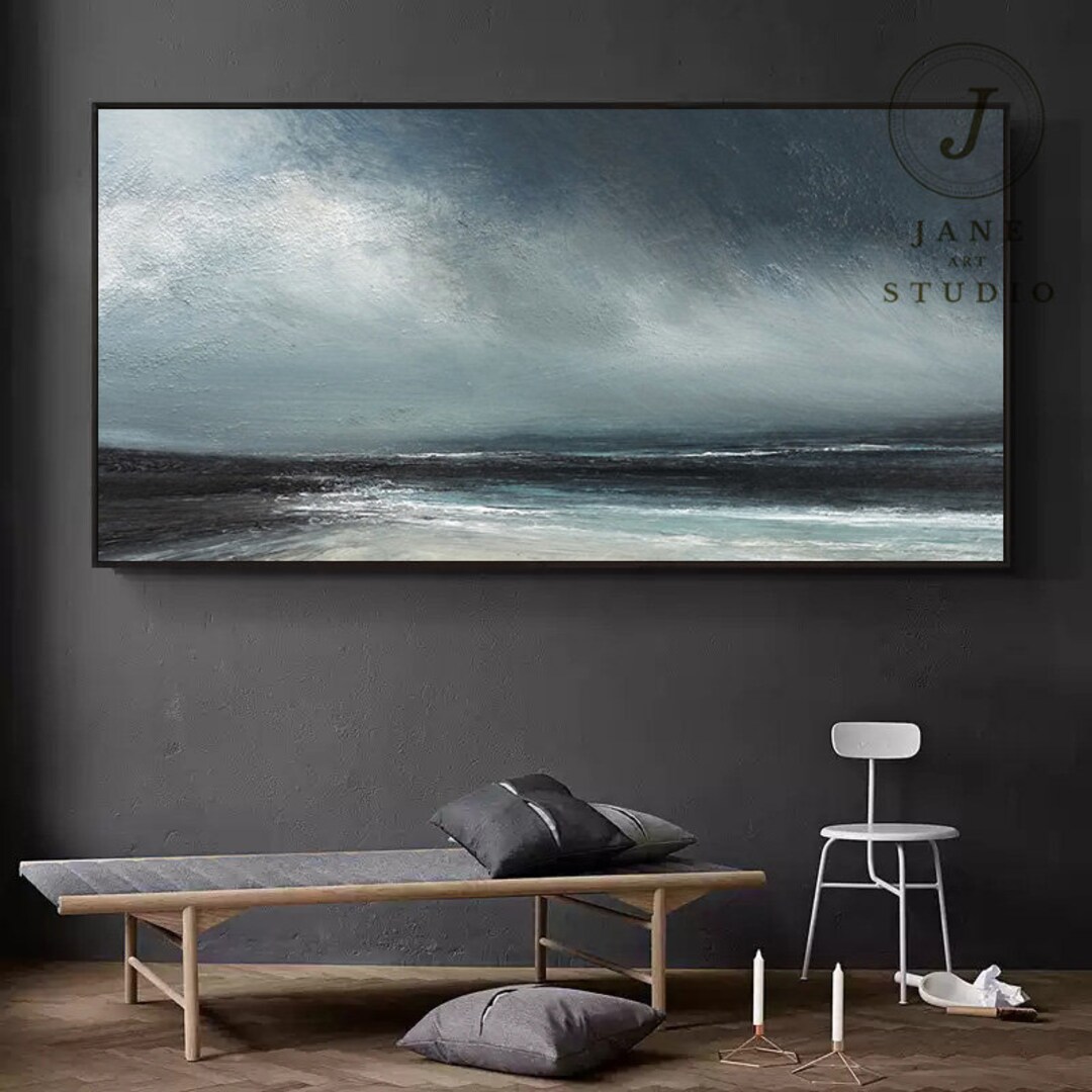 Diepblauwe en grijze zee abstracte kunst, landschapsschilderkunst lucht,  grote oceaan canvas olieverfschilderij, grote muur schilderij, sofa muur  kunst olieverfschilderij - Etsy België, image size:1080x1080