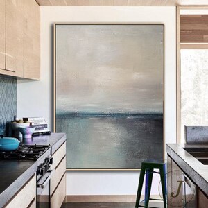 Large Sea Abstract Painting,Green Ocean Landscape Painting,Gray Sky Landscape Painting,Wall Painting,Large Wall Art,Living Room Painting image 4