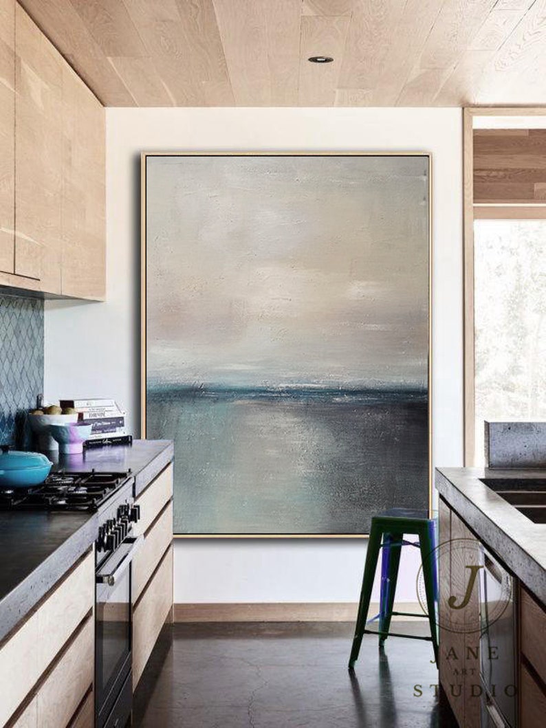 Large Sea Abstract Painting,Green Ocean Landscape Painting,Gray Sky Landscape Painting,Wall Painting,Large Wall Art,Living Room Painting image 4