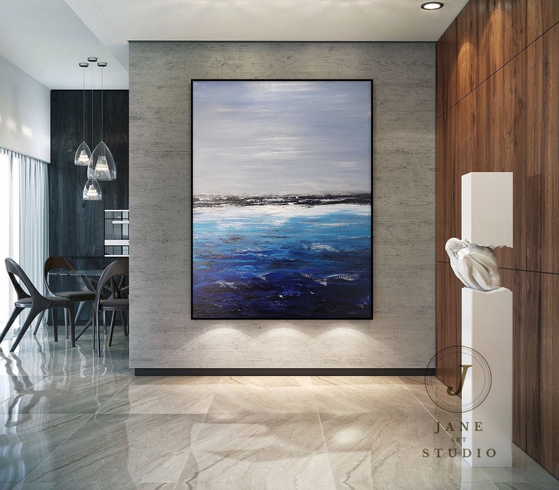 Deep Blue Ocean Landscape Painting,Sky Landscape Painting,Original Sea Abstract Oil Painting On Canvas,Large Sofa Wall Sea Art Oil Painting image 4
