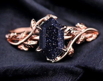 Vintage Blue Sandstone Ring, 18k Rose Gold Leaf Solitaire Promise Ring, Blue Goldstone Jewelry ,Twig Gemstone Ring, Birthday Gift For Women