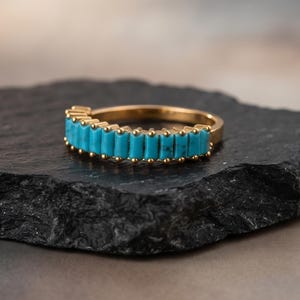 Vintage Baguette cut Turquoise Wedding band Unique 14K Yellow Gold ring Half Eternity band Stackable ring Promise ring Anniversary Gift