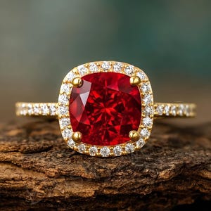 May include: A gold ring featuring a large, cushion-cut red gemstone at the centre, surrounded by a halo of small, round, clear stones. The band is also set with a row of small, clear stones extending along both sides of the central setting.
