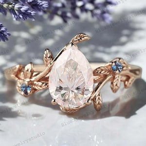 Pear Cut Moissanite ring Leaf Branch Alexandrite Engagement Ring 14K Yellow Gold Nature Inspired Wedding Ring Twig Promise Ring Gift For Her