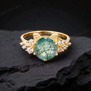 Natural Moss Agate Engagement Ring Unique Cat Diamond Cluster Ring Yellow Gold Cat Ring Peekaboo Kitten Green Gemstone Gifts for Cat Lover
