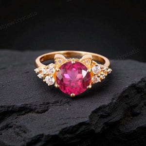 Round Pink Ruby Cat Engagement Ring Unique Cat Moissanite Cluster Ring Snowdrift Ring 14k Rose Gold Cat Ring Anniversary Gift For Cat Lover