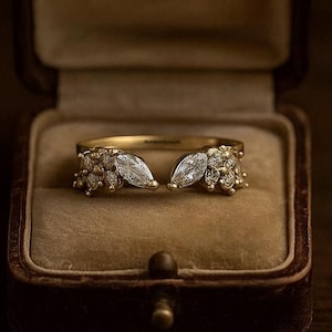 Unique Moissanite Open Wedding Band Women Curved Stacking Ring Marquise Cut Yellow Gold Stacking Band Diamond Matching Band Gift for Women