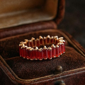 Baguette Cut Red Garnet Wedding Band 14K Yellow Gold Full Eternity Band Dainty Ring Stackable Ring Anniversary Gift For He Handmade Jewelry