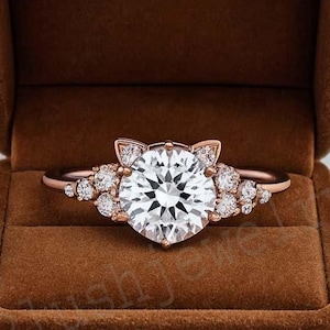 Round Moissanite Cat Engagement Ring Unique Cat Moissanite Cluster Ring Snowdrift Ring 14k Rose Gold Cat Ring Anniversary Gift For Cat Lover