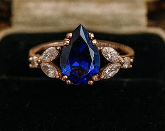 Pear Blue Sapphire Engagement Ring vintage Unique Marquise Cut Diamond Cluster ring Yellow Gold Bridal Jewelry Anniversary Gift for Women