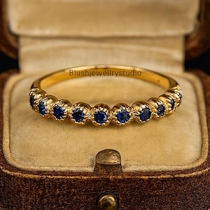 14k Bezel Sapphire Band, Solid Gold Half Eternity Sapphire Stacking Ring, Minimalist Blue Sapphire Ring for Women, September Birthstone Ring